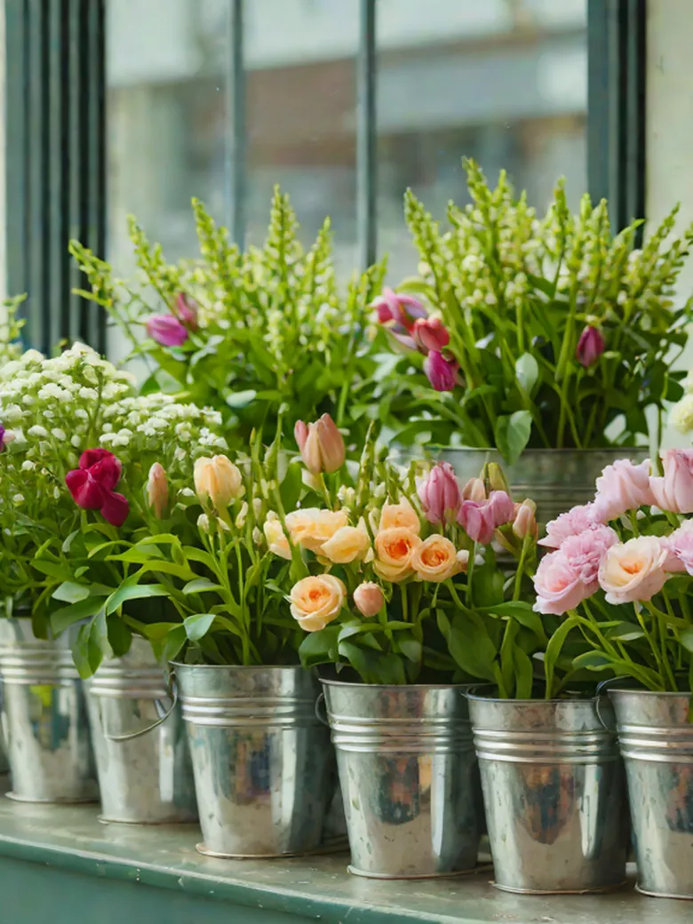 Portada de la web de Almácigo: cubos de zinc con flores en el escaparate.