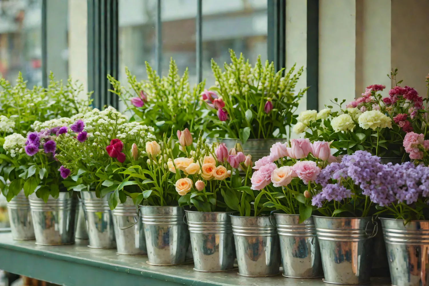Cubos de zinc con tulipanes, rosas y lilas alineados en el escaparate de la floristería.