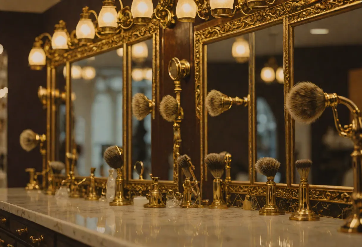 Los espejos de la barbería sobre el mostrador, con las bombillas reflejadas en el cristal.