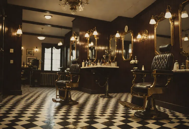 Portada de la web de Contrapelo: el interior de la barbería, con suelo de damero y espejos de latón.
