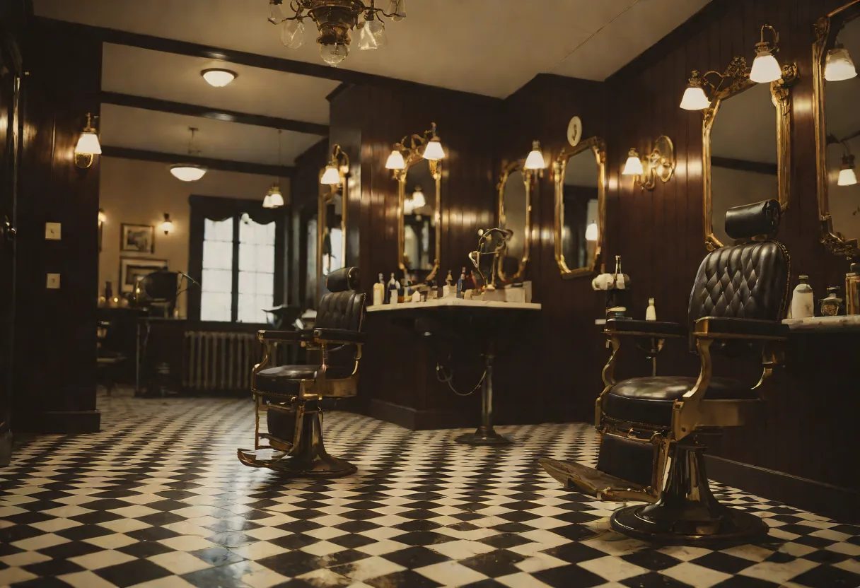 Interior de la barbería: sillón de cuero frente a los espejos, madera oscura y bombillas cálidas.