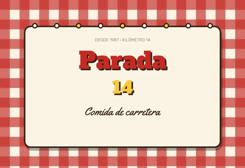 Portada de la web de Parada 14: el rótulo del local sobre un mantel de cuadros rojos y blancos.